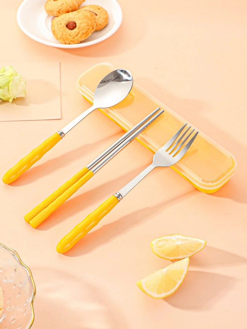 Home-Cloud Home Cloud Premium Stainless Steel Cutlery Set Of 3-Piece (Spoon, Fork, Chopsticks) Including Travel Spoon Box - Exquisite Portable Tableware For Customized Gifts (Yellow) - Image 3