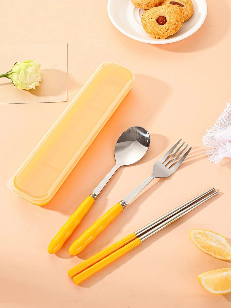 Home-Cloud Home Cloud Premium Stainless Steel Cutlery Set Of 3-Piece (Spoon, Fork, Chopsticks) Including Travel Spoon Box - Exquisite Portable Tableware For Customized Gifts (Yellow) - Image 1