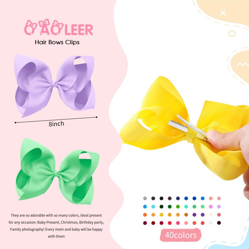 Oaoleer 40Pcs 8" Hair Bows Clips Grosgrain Ribbon Bows Hair Alligator Clips Hair Barrettes Hair Accessories for Baby Girls Infants Toddlers Kids Teens Children (8 Inch) - Image 2