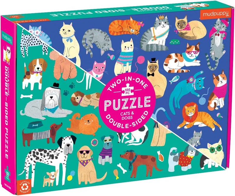 Mudpuppy Condition adaptive build Cats and Dogs Double-Sided Puzzle, 100 Pieces, 22”x16.5” – Perfect Family Puzzle for Ages 6+ - Colorful Illustrations of Dogs on One Side and Cats on the Other – Two Fun Puzzles in One Box Classic trendy design picks - Image 1