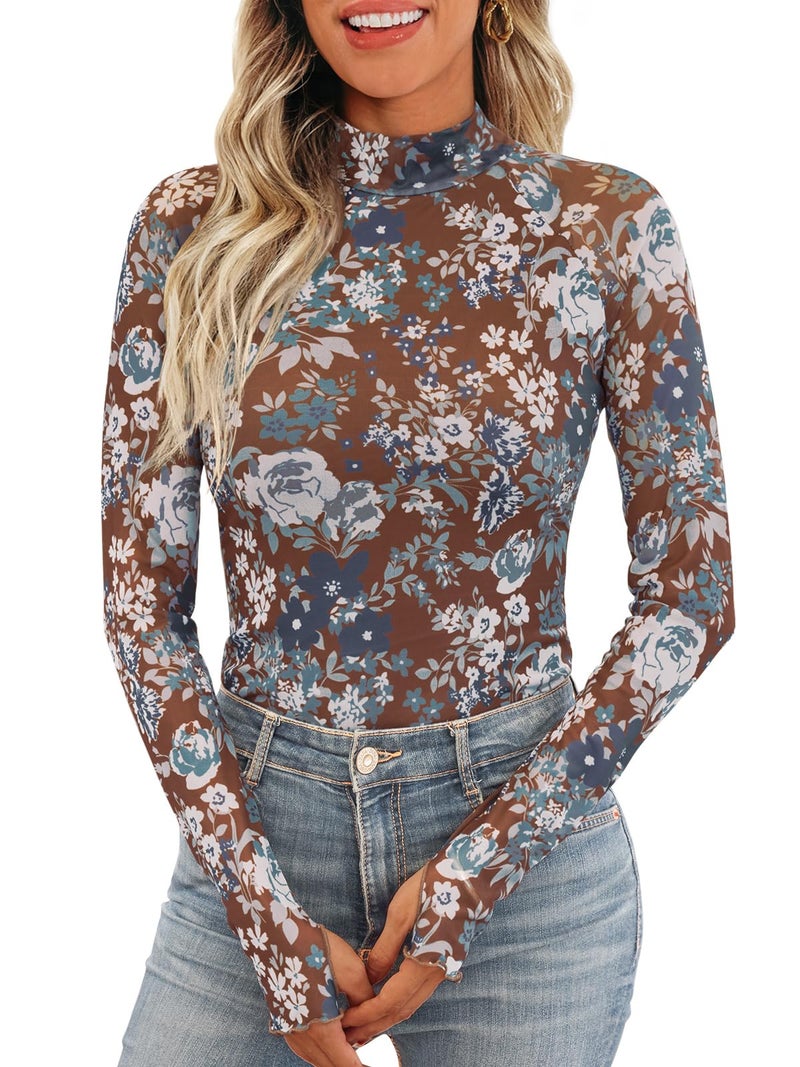 Dealmore Lace Sheer Floral Mesh Mockneck Going Out Tops for Women Fall Fashion Spring Outfits 2026 Clothes Floral Brown S - Image 1