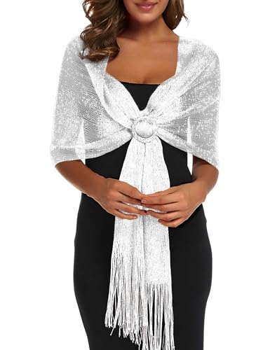Rheane Shawl Wraps for Women Shawls and Wraps for Evening Dresses Pashmina Rave Silver Dress for Women Sparkly Dress Women's Scarves & Wraps (White with Silver Glitter) - Image 1