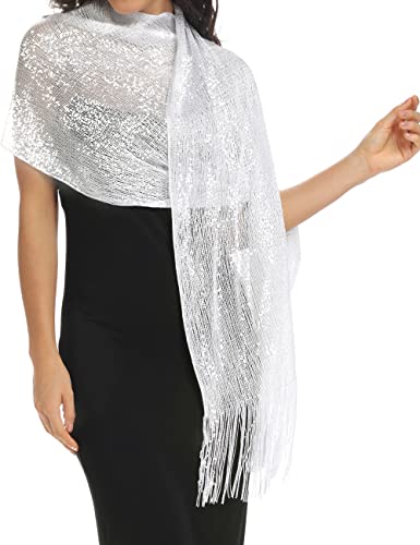 Rheane Shawl Wraps for Women Shawls and Wraps for Evening Dresses Pashmina Rave Silver Dress for Women Sparkly Dress Women's Scarves & Wraps (White with Silver Glitter) - Image 3
