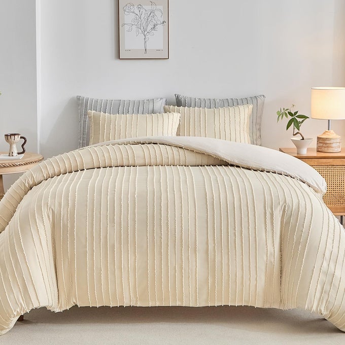 TUFTED DUVET COVER SET KING SIZE KHAKI STRIPED TEXTURED BOHO BEDDING SET 3 PCS ULTRA SOFT WASHED MICROFIBER DUVET COVER WITH ZIPPER CLOSURE KHAKI