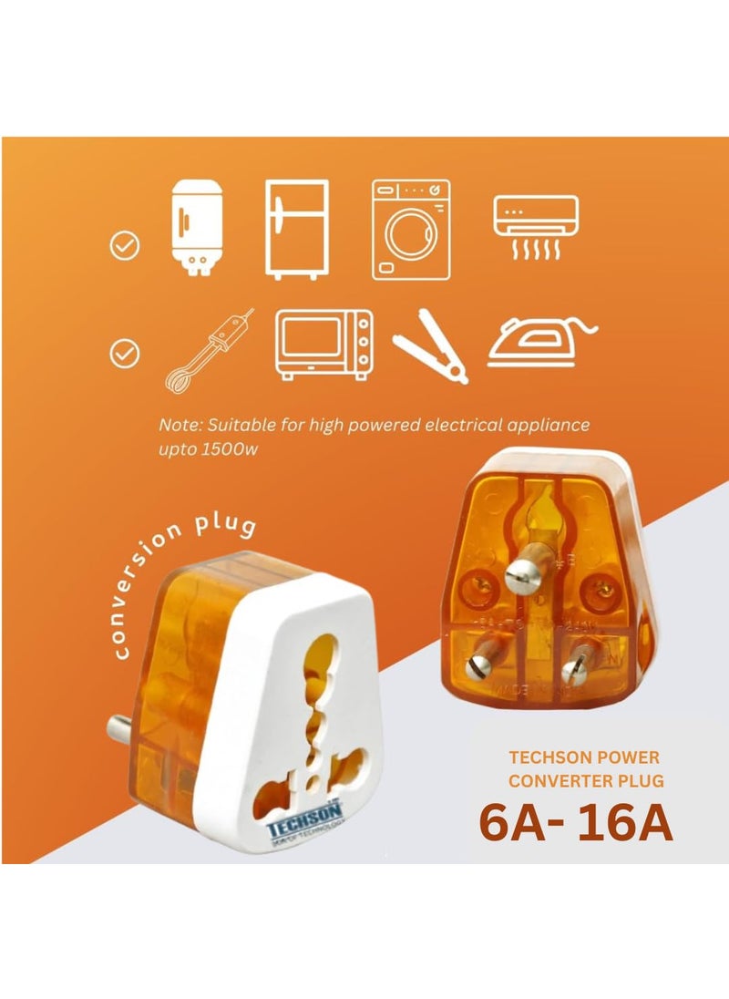 TECHSON TECHSON: 6amp to 16amp 3 Pin Universal Conversion Plug Converts 6A Socket to 16 A Socket for Geysers, A/C,Refrigrator,Microwave,etc for Indian and International Plugs,(Pack of-2)  - Image 3