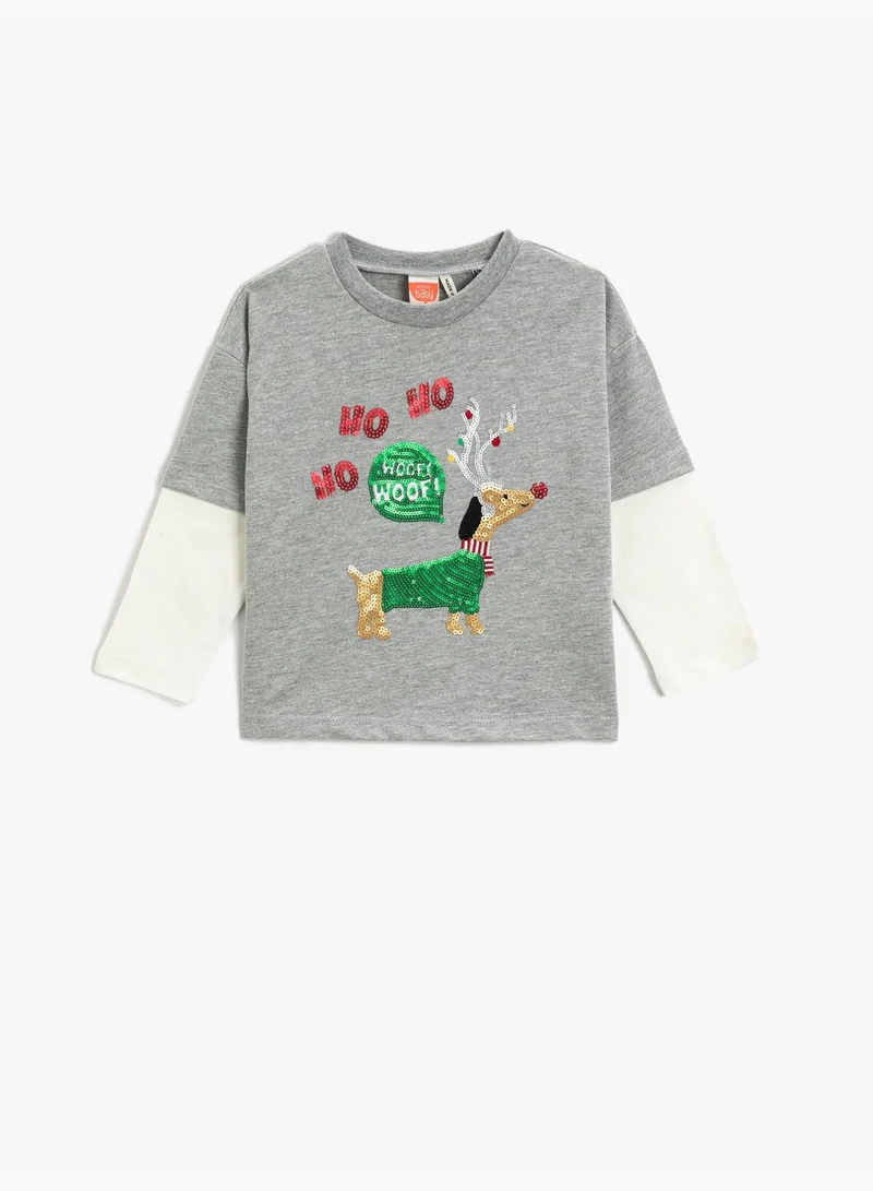 كوتون Christmas Themed Long Double Layer Sleeve T-Shirt Sequined Detail Crew Neck