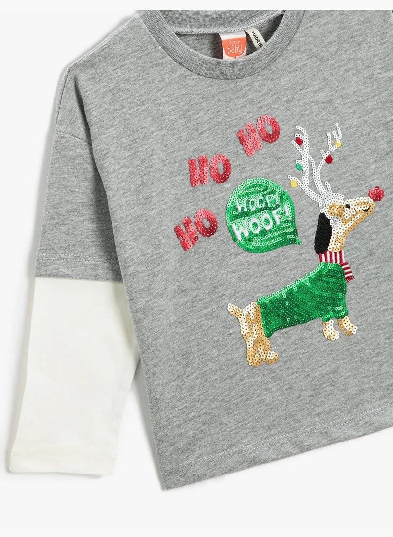 كوتون Christmas Themed Long Double Layer Sleeve T-Shirt Sequined Detail Crew Neck