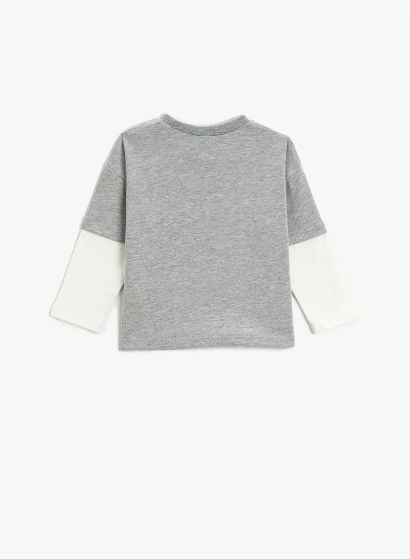 كوتون Christmas Themed Long Double Layer Sleeve T-Shirt Sequined Detail Crew Neck