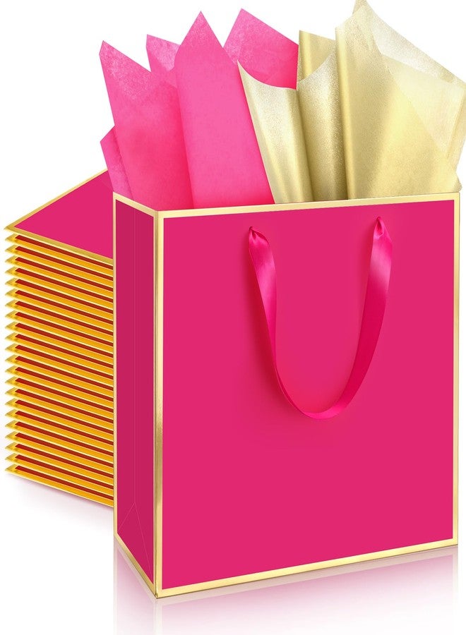 ReliThick 12 Pack Metallic Paper Gift Bag with Handles and Tissue Paper 11.8 x 10 x 4'' Thank You Favor Bag for Valentine's Day Wedding Bridesmaid Groomsman 5 Senses Gifts (Hot Pink,Gold) - Image 1