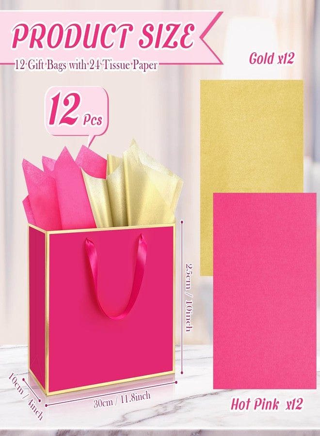 ReliThick 12 Pack Metallic Paper Gift Bag with Handles and Tissue Paper 11.8 x 10 x 4'' Thank You Favor Bag for Valentine's Day Wedding Bridesmaid Groomsman 5 Senses Gifts (Hot Pink,Gold) - Image 2