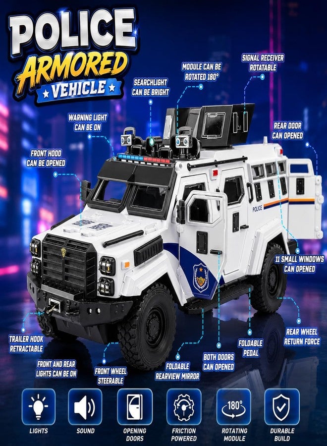 Magicwand® 1:24 Scale Die-Cast Metal Saber-Tooth Armored Truck【Large】 with Openable 11 Small Windows & Doors,Lights & Music & Working Steering【Snow White】【Pack of 1】 - Image 3