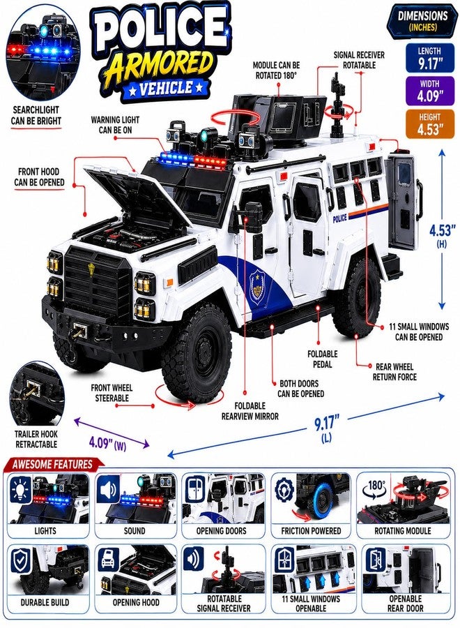 Magicwand® 1:24 Scale Die-Cast Metal Saber-Tooth Armored Truck【Large】 with Openable 11 Small Windows & Doors,Lights & Music & Working Steering【Snow White】【Pack of 1】 - Image 2