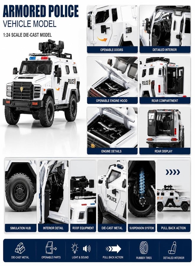 Magicwand® 1:24 Scale Die-Cast Metal Saber-Tooth Armored Truck【Large】 with Openable 11 Small Windows & Doors,Lights & Music & Working Steering【Snow White】【Pack of 1】 - Image 4