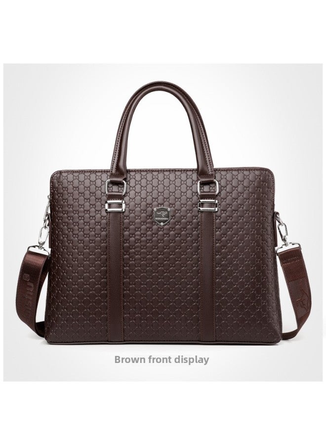 Men's Bag Men's Bag Portable Large Capacity Multifunctional Briefcase Men's Business Shoulder Bag Leather Casual Satchel-Color:Dark Brown - Image 1