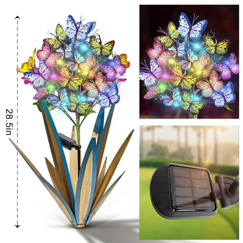 Homight Solar Metal Agave Butterfly Flower Stick Garden Sculpture Outdoor Christmas Lights With Swaying Butterfly Sunflower Solar Outdoor Gift 3 PCS Blue - Image 3