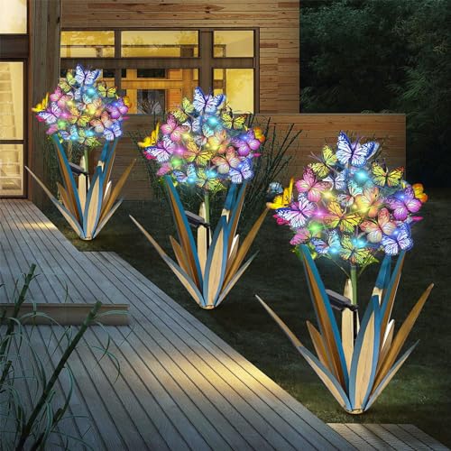 Homight Solar Metal Agave Butterfly Flower Stick Garden Sculpture Outdoor Christmas Lights With Swaying Butterfly Sunflower Solar Outdoor Gift 3 PCS Blue - Image 1