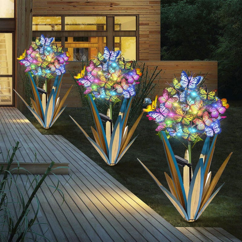 Homight Solar Metal Agave Butterfly Flower Stick Garden Sculpture Outdoor Christmas Lights With Swaying Butterfly Sunflower Solar Outdoor Gift 3 PCS Blue - Image 2