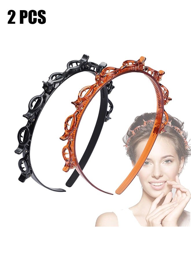 HY - 2 Pcs Bangs Hairstyle Hairpin Headband, Professional Weave Bangs Clip, Toothed Headband Braid Tool, Women Girls Fashion Hair Accessories (Black and Brown) - Image 1