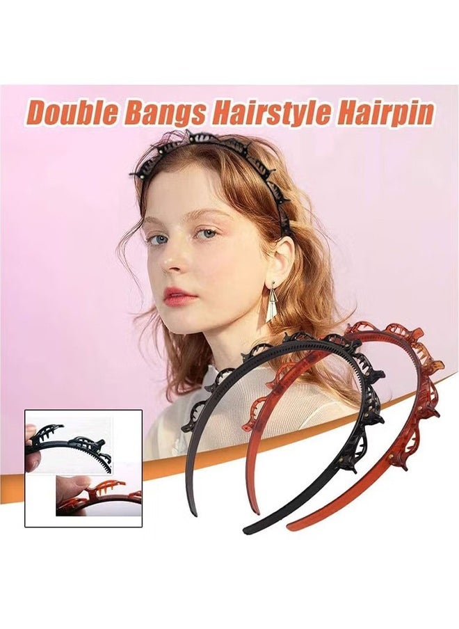 HY - 2 Pcs Bangs Hairstyle Hairpin Headband, Professional Weave Bangs Clip, Toothed Headband Braid Tool, Women Girls Fashion Hair Accessories (Black and Brown) - Image 1