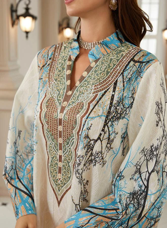 تايك تو جلابية بياقة ونسيج بارز وطبعة زهور