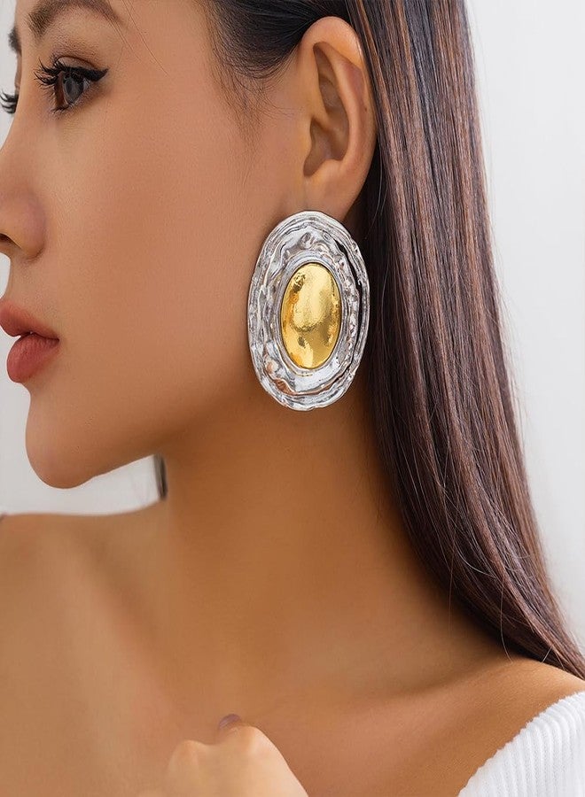 FUTIMELY Two Tone Big Oval Statement Earrings for Women,Gold Chunky Hammered Botton DangleEarrings for Prom Party,Vintage Geometric Oval Dangling Earrings (Oval2) - Image 4