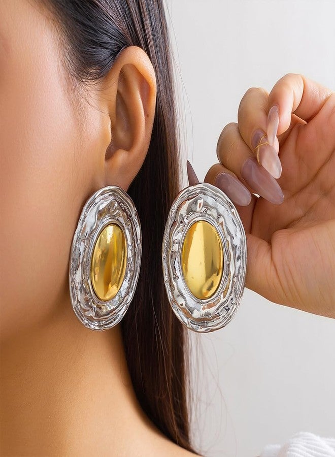 FUTIMELY Two Tone Big Oval Statement Earrings for Women,Gold Chunky Hammered Botton DangleEarrings for Prom Party,Vintage Geometric Oval Dangling Earrings (Oval2) - Image 3