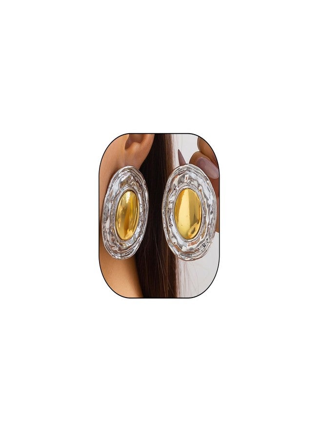 FUTIMELY Two Tone Big Oval Statement Earrings for Women,Gold Chunky Hammered Botton DangleEarrings for Prom Party,Vintage Geometric Oval Dangling Earrings (Oval2) - Image 1