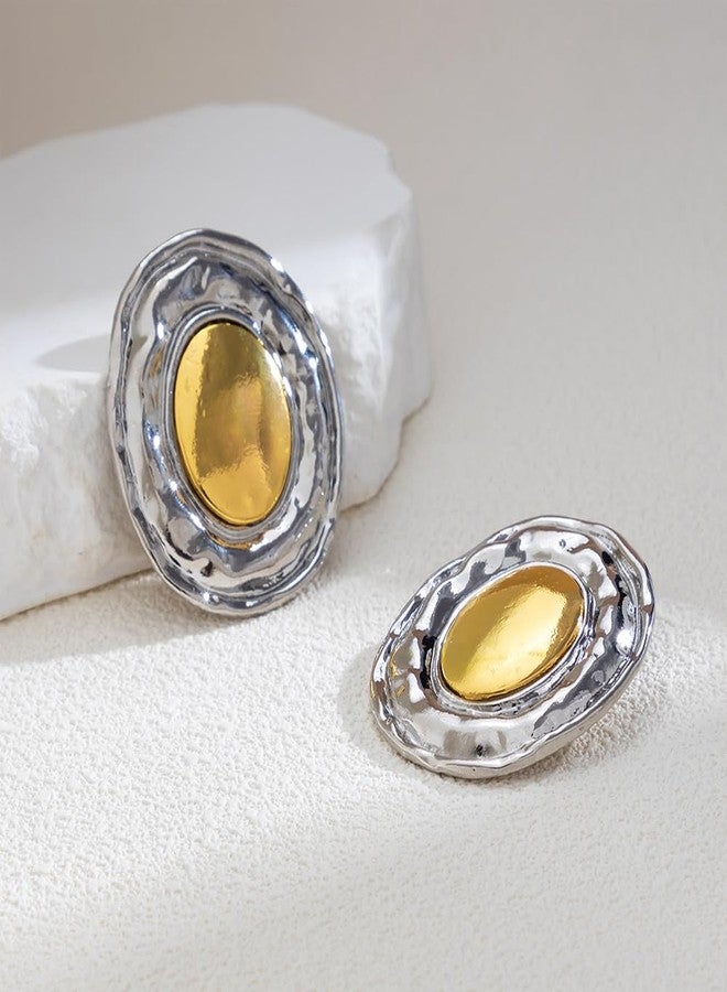 FUTIMELY Two Tone Big Oval Statement Earrings for Women,Gold Chunky Hammered Botton DangleEarrings for Prom Party,Vintage Geometric Oval Dangling Earrings (Oval2) - Image 5