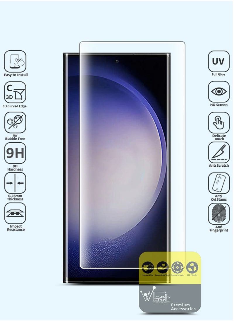 Wtech - Samsung Galaxy S23 Ultra 5G 2023 Premium Curved Edges UV Full Glue Full Cover Tempered Glass Screen Protector (MSGUCN) - Clear - Image 1