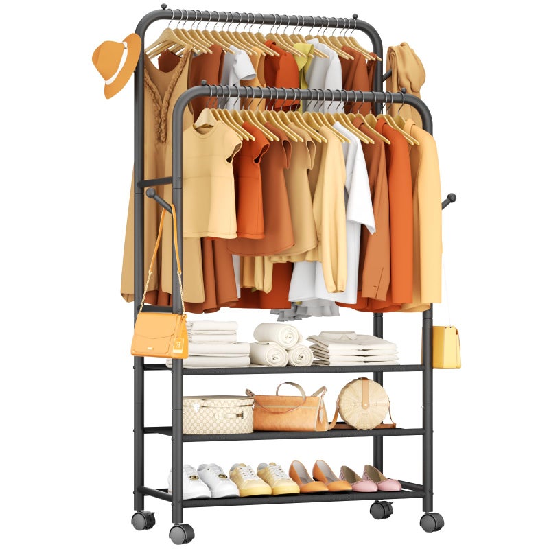 Furologee Clothes Racks for Hanging Clothes, Portable Rolling Garment Rack, Sturdy Metal Freestanding Cloths Racks with Wheels, Double Rods Wardrobe Rack for Bedroom Laundry Living Room - Image 1