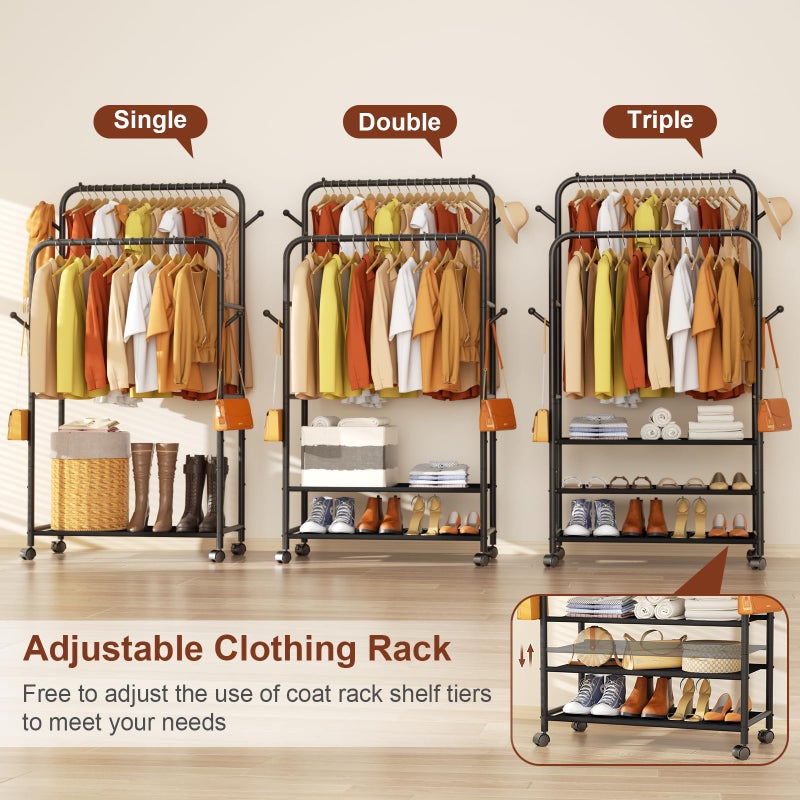 Furologee Clothes Racks for Hanging Clothes, Portable Rolling Garment Rack, Sturdy Metal Freestanding Cloths Racks with Wheels, Double Rods Wardrobe Rack for Bedroom Laundry Living Room - Image 3