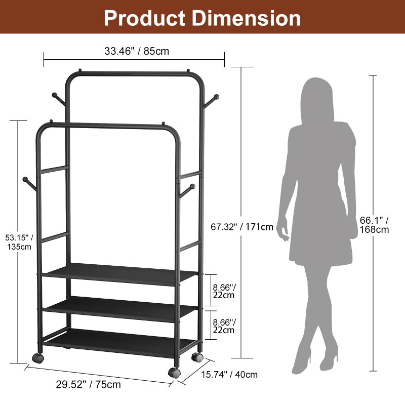 Furologee Clothes Racks for Hanging Clothes, Portable Rolling Garment Rack, Sturdy Metal Freestanding Cloths Racks with Wheels, Double Rods Wardrobe Rack for Bedroom Laundry Living Room - Image 2