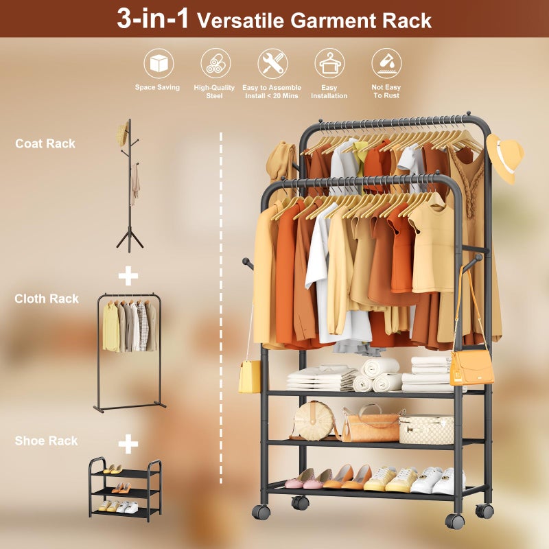 Furologee Clothes Racks for Hanging Clothes, Portable Rolling Garment Rack, Sturdy Metal Freestanding Cloths Racks with Wheels, Double Rods Wardrobe Rack for Bedroom Laundry Living Room - Image 4