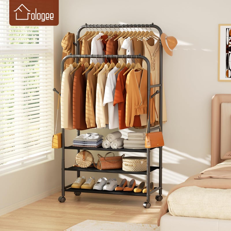 Furologee Clothes Racks for Hanging Clothes, Portable Rolling Garment Rack, Sturdy Metal Freestanding Cloths Racks with Wheels, Double Rods Wardrobe Rack for Bedroom Laundry Living Room - Image 5