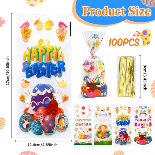 Yicelerate Easter Treat Bags, 100PCS Easter Cellophane Treat Bags Gift Candy Cookie Snack Bag Cellophane Bag for Goodies with Twist Ties Eggs Bunny Clear Cello Treats for Easters Spring Party Favors Supplies - Image 2