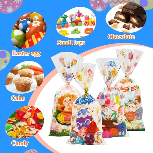 Yicelerate Easter Treat Bags, 100PCS Easter Cellophane Treat Bags Gift Candy Cookie Snack Bag Cellophane Bag for Goodies with Twist Ties Eggs Bunny Clear Cello Treats for Easters Spring Party Favors Supplies - Image 4