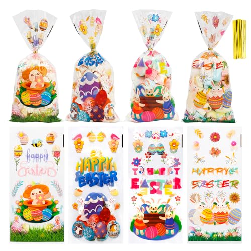 Yicelerate Easter Treat Bags, 100PCS Easter Cellophane Treat Bags Gift Candy Cookie Snack Bag Cellophane Bag for Goodies with Twist Ties Eggs Bunny Clear Cello Treats for Easters Spring Party Favors Supplies - Image 1