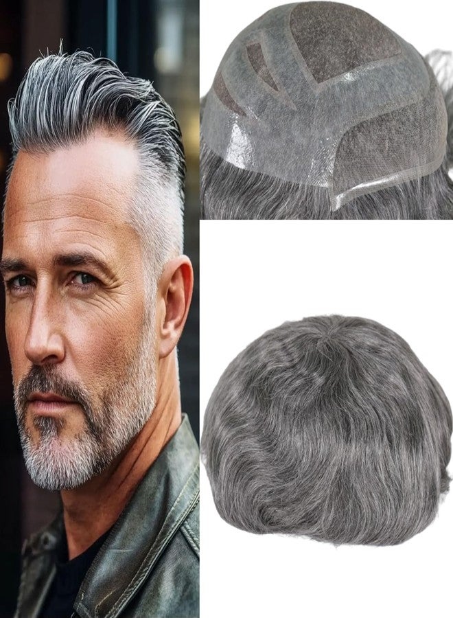 Voloria Durable Hair System for Men French Lace Front Fine Mono and Skin PU Around Mens Toupee Human Hair Pieces Natural Hairline Hair Replacement for Men 8x10INCH 1B Black with 50% White hair - Image 1
