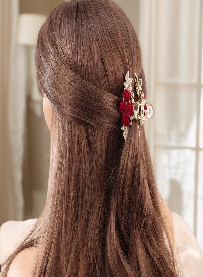 Rannyrena Flower Rhinestone Metal Hair Claw Clips for Women Camellia Floral Claw Clip Large Tulip Nonslip Strong Hold Hair Accessories for Thick Hair (Red Velvet Rose A) - Image 2