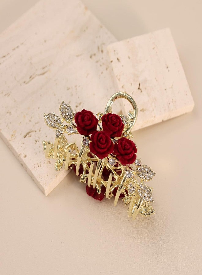 Rannyrena Flower Rhinestone Metal Hair Claw Clips for Women Camellia Floral Claw Clip Large Tulip Nonslip Strong Hold Hair Accessories for Thick Hair (Red Velvet Rose A) - Image 4