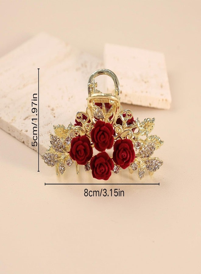 Rannyrena Flower Rhinestone Metal Hair Claw Clips for Women Camellia Floral Claw Clip Large Tulip Nonslip Strong Hold Hair Accessories for Thick Hair (Red Velvet Rose A) - Image 3