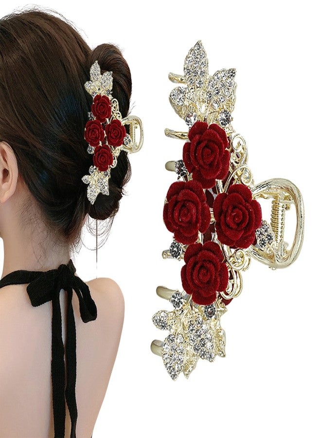 Rannyrena Flower Rhinestone Metal Hair Claw Clips for Women Camellia Floral Claw Clip Large Tulip Nonslip Strong Hold Hair Accessories for Thick Hair (Red Velvet Rose A) - Image 1