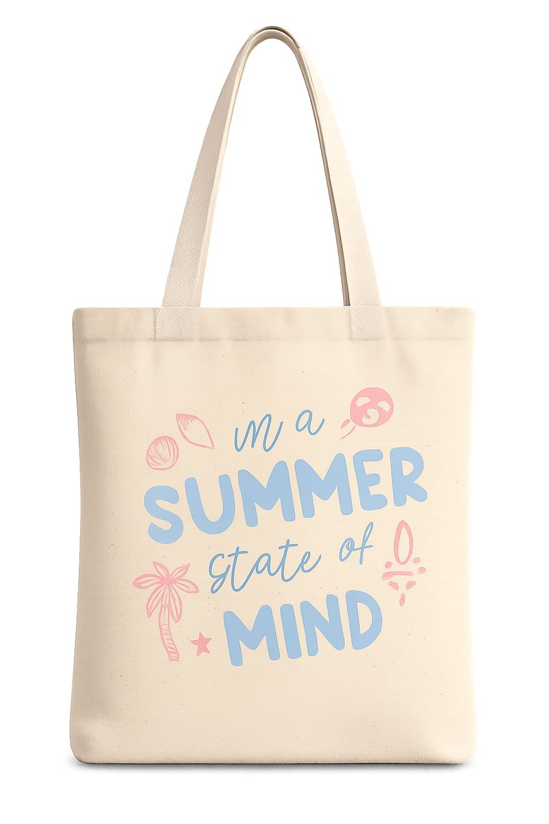 شنطة قماش كانفاس حريمي بطبعة "In A Summer State Of Mind" بألوان الباستيل والنخيل، حقيبة كتف صديقة للبيئة قابلة لإعادة الاستخدام للبحر والتسوق، مقاس كبير 30×40 سم - Image 1