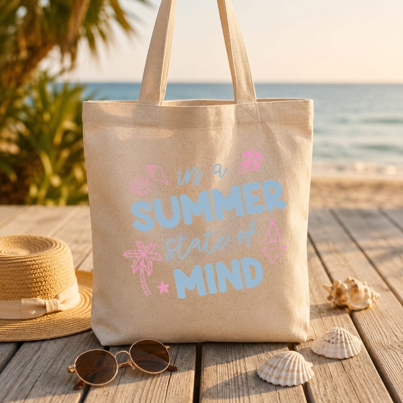 شنطة قماش كانفاس حريمي بطبعة "In A Summer State Of Mind" بألوان الباستيل والنخيل، حقيبة كتف صديقة للبيئة قابلة لإعادة الاستخدام للبحر والتسوق، مقاس كبير 30×40 سم - Image 2