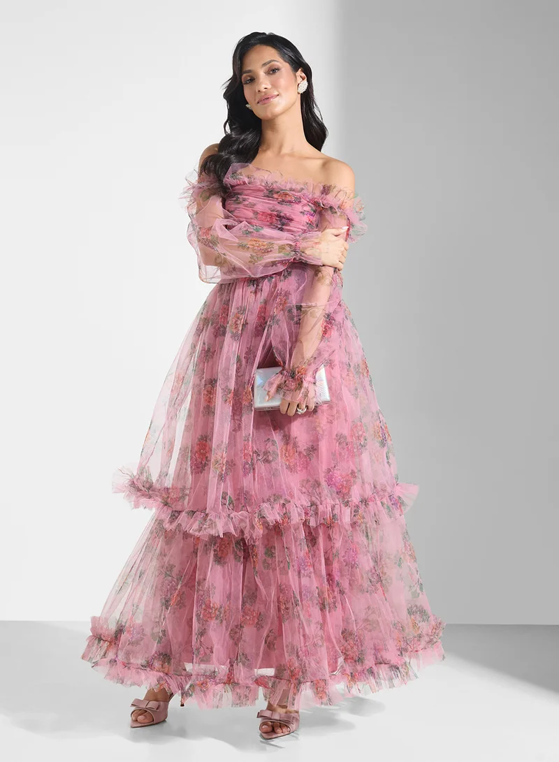 Lace and Beads Floral Tulle Gown Dress