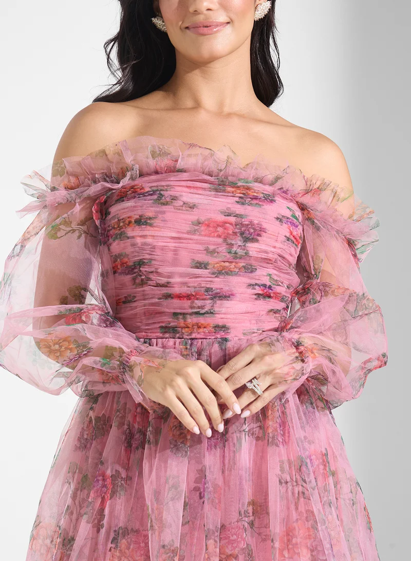 Lace and Beads Floral Tulle Gown Dress