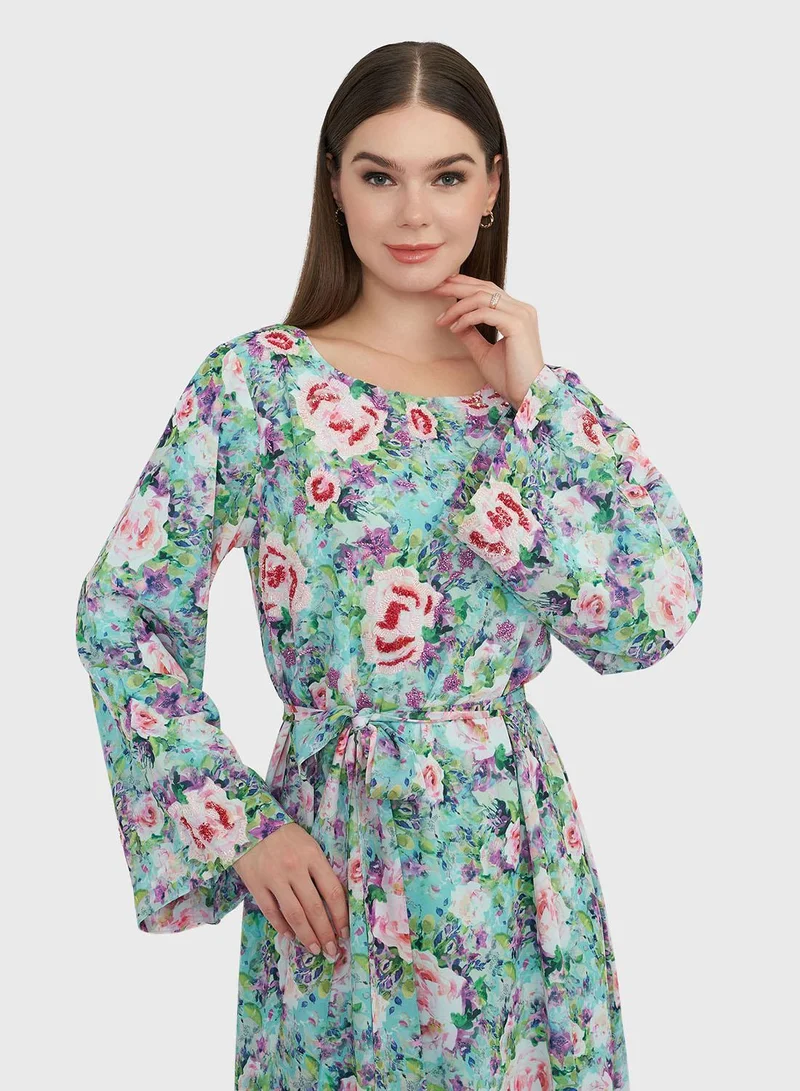 KASHKHA Green Floral Print Georgette Handwork Maxi Dress (VW208)