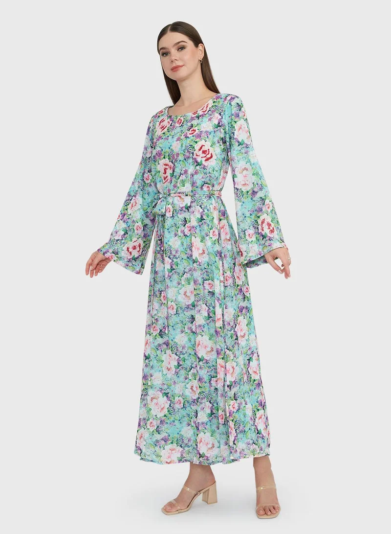 KASHKHA  Green Floral Print Georgette Handwork Maxi Dress (VW208) for Women | Best Price UAE