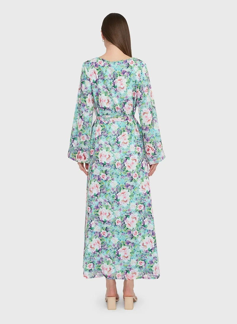 KASHKHA  Green Floral Print Georgette Handwork Maxi Dress (VW208) for Women | Best Price UAE