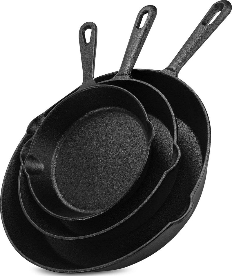 Utopia Kitchen طقم مقالي حديد زهر 3 قطع، مقلاة شيف، مقالي حديد زهر مسبقة التتبيل، 6، 8 و 10 بوصات، سهلة الاستخدام في الفرن، الموقد، الشواية، أو نار المخيم، سوداء - Image 1